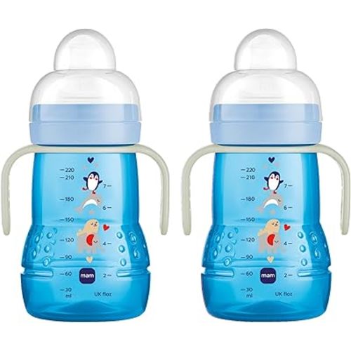 MAM Plastic Trainer Cup, Trainer Drinking Cup with Extra-Soft Spout, Spill-Free Nipple, and Non-Slip Handles, for Boys 4+ Months, Eight Ounces