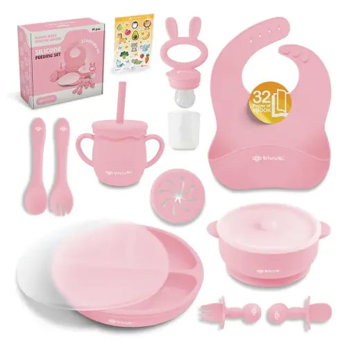 Silicone Baby Feeding Set - Infant Tableware for First Foods & Baby, Led Weaning (0+ Months), Easy to Clean, Durable, Perfect for Baby Boy or Girl, Solid Feeding - Pink - Standard