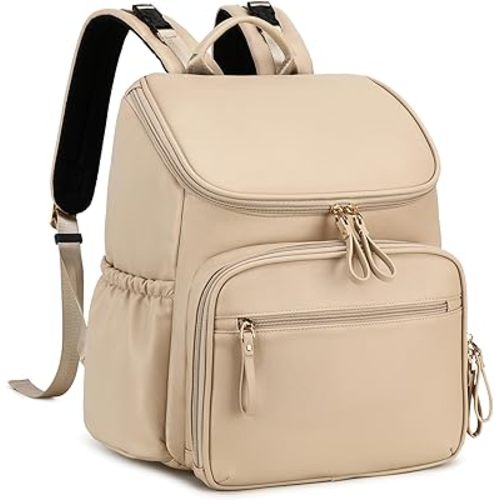 Large Capacity Diaper Bag with Stroller Buckle, Water-Resistant Travel Backpack with Insulated Pockets (Faux Leather, Beige)