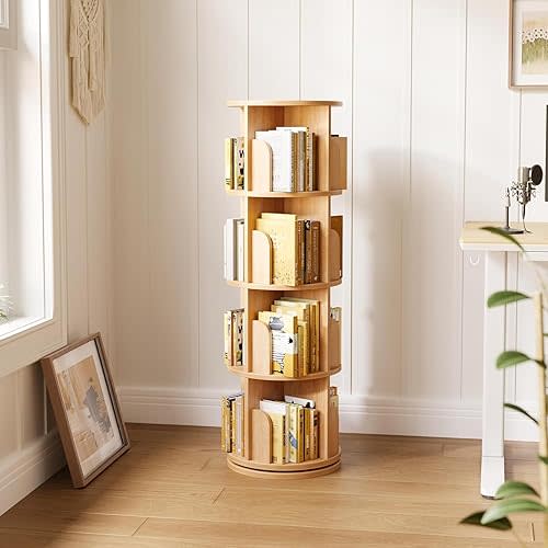 oneinmil Rotating Bookshelf, 360 Display 4 Tier, Small Bookshelf for Small Space, Floor Standing Bookcase Storage Rack, Wood Narrow Book Shelf Organizer for Bedroom, Living Room, Wood