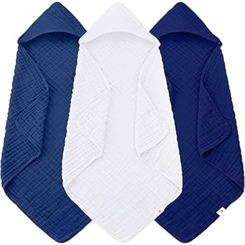 Sunny zzzZZ Muslin Hooded Baby Bath Towels - 3 Pack 100% Cotton Soft Low-Saturation Pastel Towels Including Classic White for Newborns, Infants, Toddlers - 32x32 Inch - Deep Navy and White