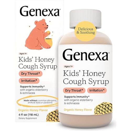 Genexa Kids’ Organic Honey Cough Syrup, Dye Free, 0% Artificial Additives, Children's Cough Remedy for Kids 2-11, Soothing Natural Honey Flavor, Gluten Free, & Non-GMO 4 fl oz