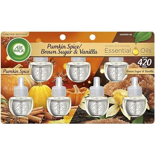 Air Wick Plug in Scented Oil Refill, 7ct, Pumpkin + Brown Sugar Mixed Pack, Fall Scent, Essential Oils, Air Freshener