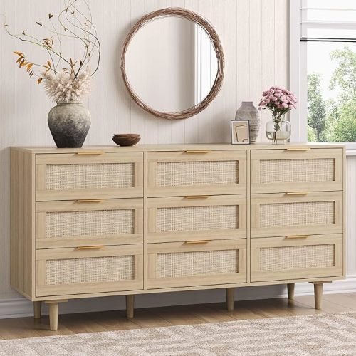 Angel Sar 59'' Boho 9 Drawer Dresser for Bedroom, Modern Rattan Dresser with Golden Handles, Sturdy Wood Legs & Anti-Tipping Design, Wood Closet Organizer Storage Cabinet with 9 Drawers