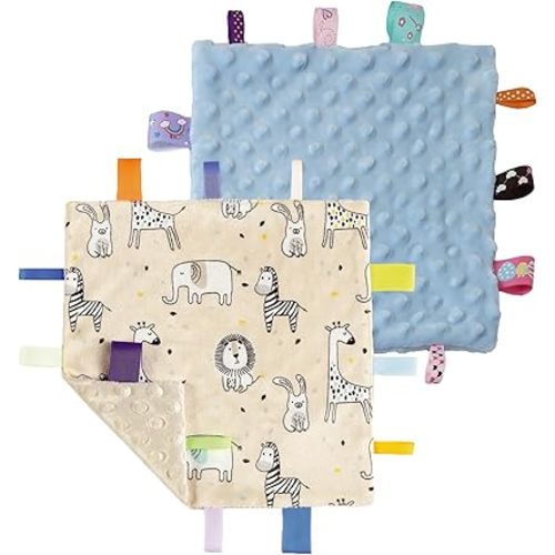 CREVENT Tag Security Blankets for Babies, Soft Small Loveys for Boys, Baby Comforter Sensory Blanket, Great Gifts for Birthday Baby Shower (10"X10" Zoo + Blue)