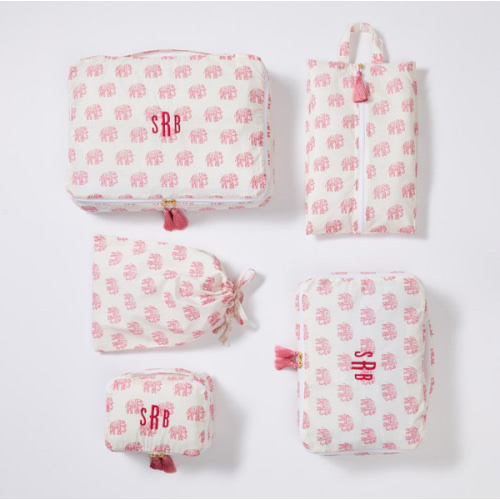 5 Piece Block Print Packing Cube Set - Pink Elephant