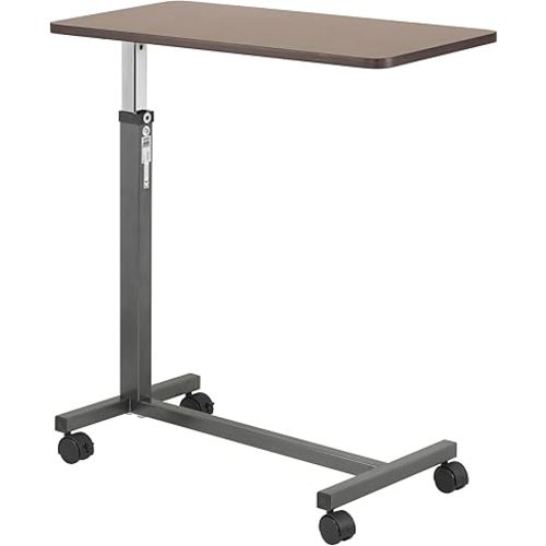 Drive Medical Overbed Table with Wheels - Secure Height Adjustment for Comfort - Non Tilt Surface - Smooth Rolling Design - Home & Hospital Use - Woodgrain Laminate Top - Silver Vein