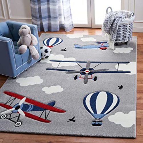 SAFAVIEH Carousel Kids Collection 6'7" Square Light Grey/Red CRK137F Airplane Hot Air Balloon Non-Shedding Nursery Playroom Area Rug
