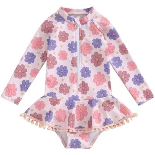 Yccutest Toddler Floral Bathing Suit Girls Long Sleeve Zipper Ruffle Tassel One Piece Swimsuit Kids Rash Guard Swimwear Beach