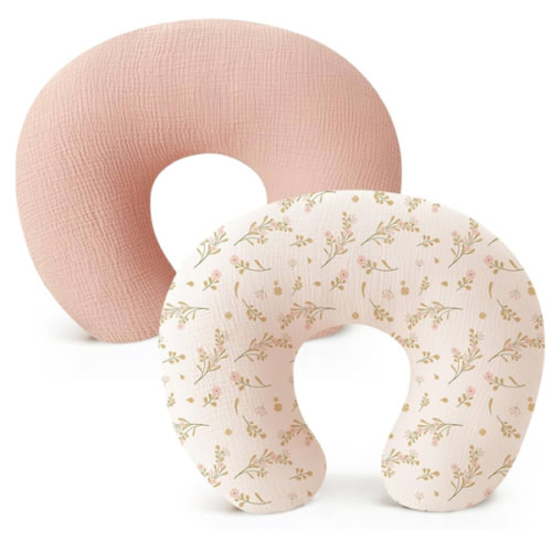 Konssy 2-Pack Muslin Nursing Pillow Covers, Soft & Adorable Nursing Covers for Breastfeeding Pillows, Slipcovers for Newborn Boys & Girls(Pink, Floral)