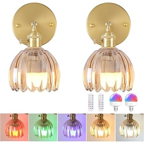 Vintage Battery Operated Wall Sconce with Amber Tulip Glass Lampshade Wireless Rechargeable Battery Powered Wall Light with Remote Control for Bedside Bedroom Doorway, Set of 2