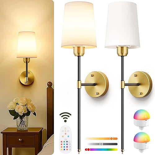 Battery Operated Wall Sconces Set of 2, Black Gold Wireless Wall Lights with Rechargeable Magnetic Bulbs and Remote, Dimmable & 15 RGB Colors Wall Lamps for Bedroom Living Room Hallway 23Inch