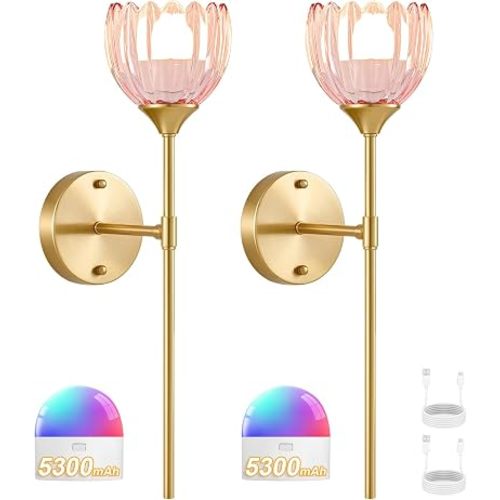 Vintage Battery Operated Wall Sconce Set of 2, Pink Tulip Glass Lampshade Wireless 5300 mAh Rechargeable Battery Powered LED Wall Light with Remote Dimmable for Bedroom Bathroom Living Room