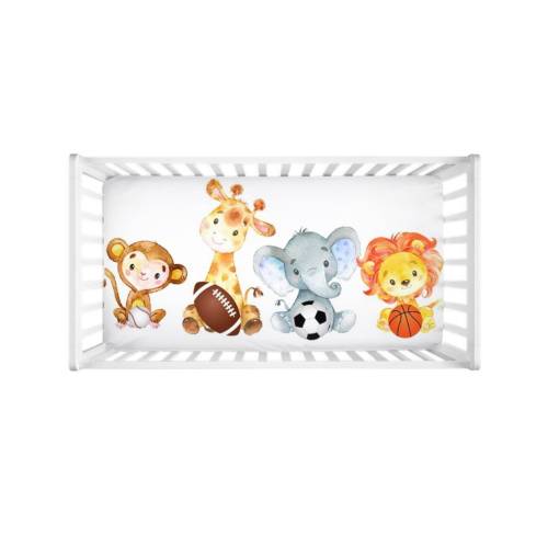 Safari Animals Sports Fitted Sheet Jungle Sports Balls Baby Shower Gift Nursery Lion Monkey Elephant Giraffe C128