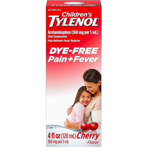 Tylenol Children's Liquid Oral Suspension Pain Reliever & Fever Reducer with Acetaminophen, Aspirin-, Ibuprofen-, High Fructose Corn Syrup- & Dye-Free, Cherry, 4 Fl. Oz