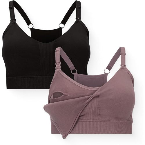 Kindred Bravely Essentials Sports Pumping and Nursing Bras, Hands Free, Nursing Bras for Breastfeeding, 2 Pack (Black & Twilight, Large Busty)