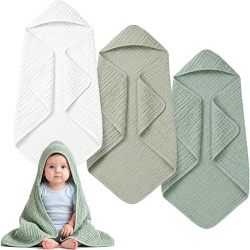 Breling 3 Pcs Hooded Muslin Baby Towels, Baby Bath Towel, Elegant Colors