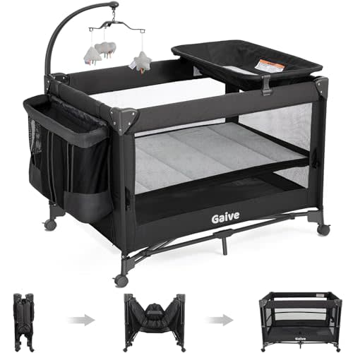 GAIVE Baby Bassinet Bedside Crib, Pack and Play with Mattress, Diaper Changer, One-Push Setup Playards from Infants to Toddlers (Black)