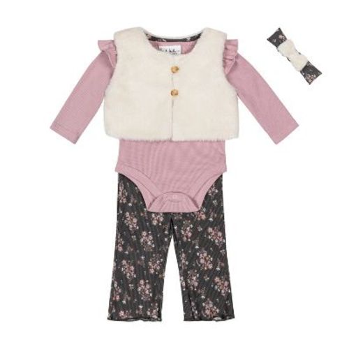 Nicole Miller Baby Girls 4 Piece Faux Fur Vest Set Violet Ice/egret, 24m
