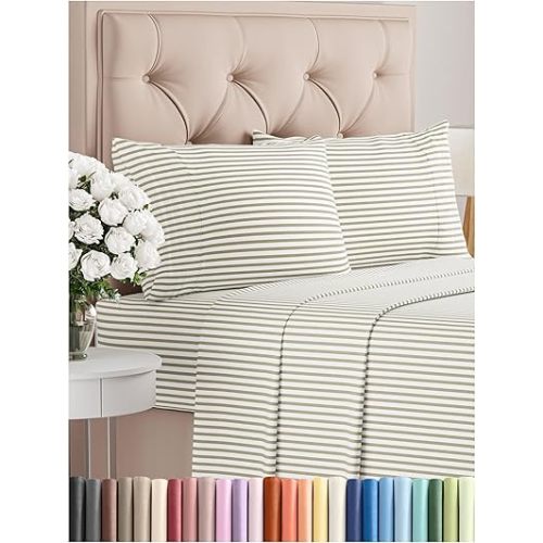 Queen Size 4 Piece Sheet Set - Comfy Breathable & Cooling Bed Sheets Set - Hotel Luxury Bedding for Women, Men, Kids, Teens, Boys & Girls - Deep Pockets and Wrinkle Free - Oeko-Tex - Beige Stripes 2