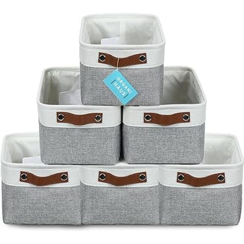 OrganiHaus Small Fabric Storage Bins for Shelves 6 Pack, 12x8in Closet Storage Bins for Shelves, Cloth Baskets for Organizing, Linen Closet Organizers, Fabric Basket, Gray/White
