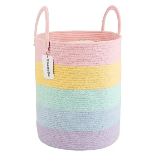 Rope Laundry Basket Hamper for Kids Girl Woven Storage Basket for Living Room Bedroom Boho Tall Baskets for Blanket Toys Pillow Towels Baby Nursery Hamper Bin rainbow
