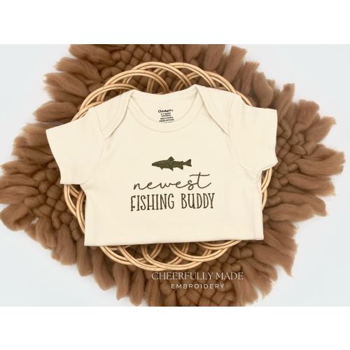 Embroidered Newest Fishing Buddy, Fishing Bodysuit, Cute Pregnancy Announcement to Husband, Daddy’s Fishing Buddy, Baby Shower Fishing Theme