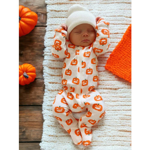 Organic Waffle Basic Zip Footie, Jack-O-Lantern
