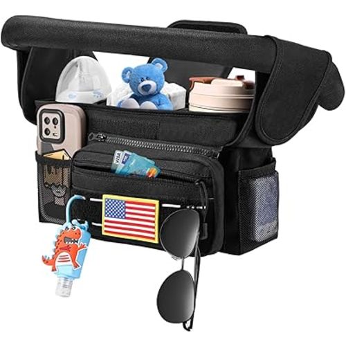 Universal Stroller Accessories, Fits for Stroller like Uppababy Baby Jogger Britax BOB Umbrella, Stroller Organizer with Insulated Cup Holder Detachable Phone Bag Shoulder Strap