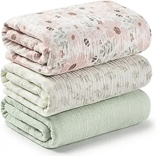 3-Pack Muslin Swaddle Blankets for Newborns – 47x47 Large Cotton Muslin Baby Blanket, Nursery Swaddling, Neutral, Soft, Breathable, Light Infant Baby Receiving Cover (Flora Vale, Regular)