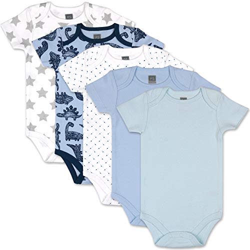 The Peanutshell Dinosaurs and Dots 5 Pack Short Sleeve Baby Bodysuits in Blue, Navy, and Grey