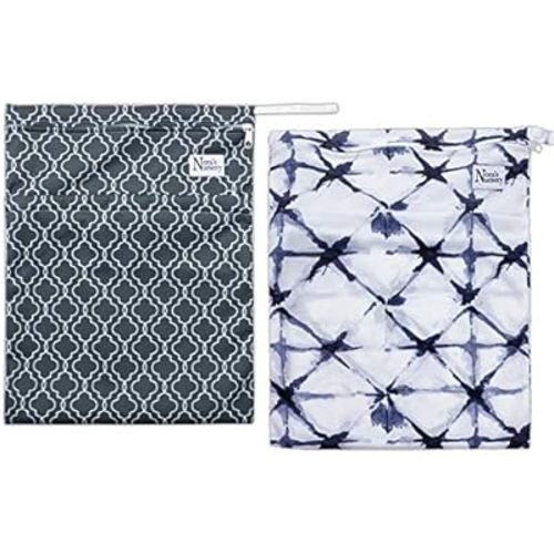 Nora's Nursery Wet Dry Bags with Two Zippered Pockets - Reusable and Washable Wet Bag for Swimming, Travel, Beach, Pool, Daycare, Cloth Diapers, Toiletries and Wet Swimsuits - 11x15 - B&W- 2 Pack