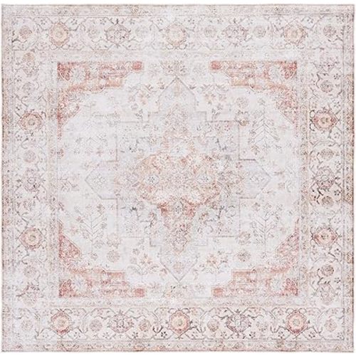 SAFAVIEH Washable Rug Tucson Collection - 5' Square, Light Grey & Rust, Slip Resistant, Ideal for High Traffic Areas in Living Room, Bedroom, Home Office, Dining Space (TSN105F-5SQ)