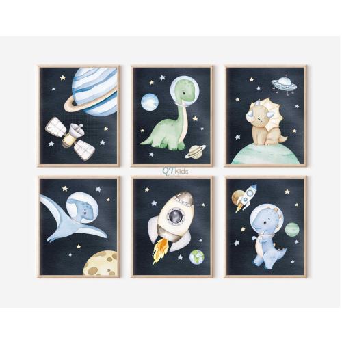 Space Dinosaur Prints, Boy Room Nursery Printable Wall Art, Dino Playroom Decor, Set of 6 Watercolour Dinosaur Posters, DIGITAL DOWNLOAD