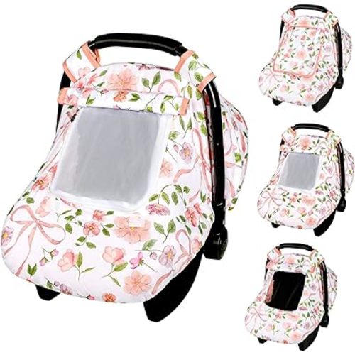 Windproof Baby Car Seat Cover, 3D Mink Dot Infant Car Seat Canopy with Breathable Mesh Window, Baby Carrier Cover for All Seasons, Easy Access Carseat Carrie Snug Fit Stroller, Pink Bow