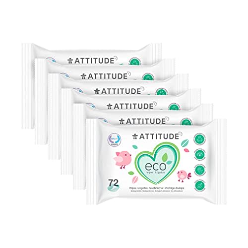 ATTITUDE Biodegradable Baby Wipes, Plant Based Unscented Diaper Wipes for Babies and Newborn, Dermatologically Tested, Vegan, 72 Count (Pack of 6)