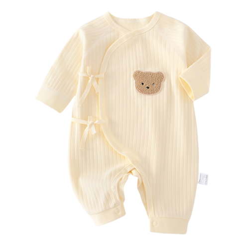 Somenie Newborn Baby Cotton Onesie, Cute Bear Patched Casual Long Sleeve Bodysuit, Toddler & Infant Girl's Comfortable Clothing(Apricot)