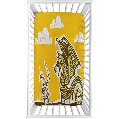 Dragon Fitted Crib Sheet,Knight with Shield in Steel Armour against Dragon with Wings Cartoon Middle Ages Design Microfiber Silky Soft Toddler Mattress Sheet Fitted,28"x 52"x 8'' for Boys Girls