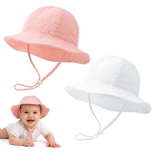 Bocaoying 2 Pack Baby Sun Hat with UPF 50+ Sun Protection, Wide Brim Muslin Fisherman Sunhat for Infants 3-12 Months, Windproof Sun Hat with Adjustable Chin Strap for Boys Girls Beach Park