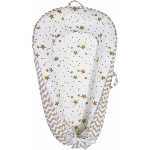Baby Nest, Baby Lounger, Organic Cotton Lounger for Baby, Reversible Breathable Adjustable Portable - Star Collection (White/Tan)