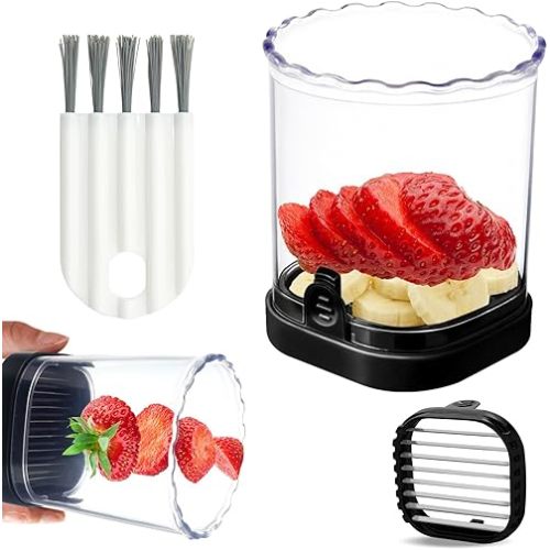 Strawberry Slicer Cup:Fruit Cutter Slicer Cup for Strawberry, Egg, Banana, Mushroom, Cucumber, Kiwi and Veggie Salad the Kitchen Gadget Tool (Black)