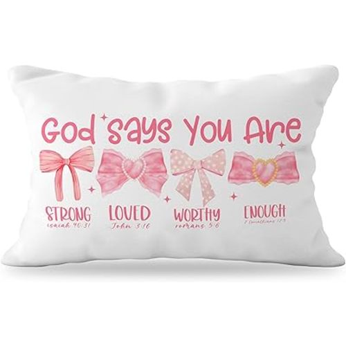 Pink Bow Coquette Christian Pillow Covers 12x20, Pink Coquette Room Decor, Girly Bedroom Decor, God Says You are Affirmation Bible Verse Pillow Covers, Christian Gifts for Women Teen Girls