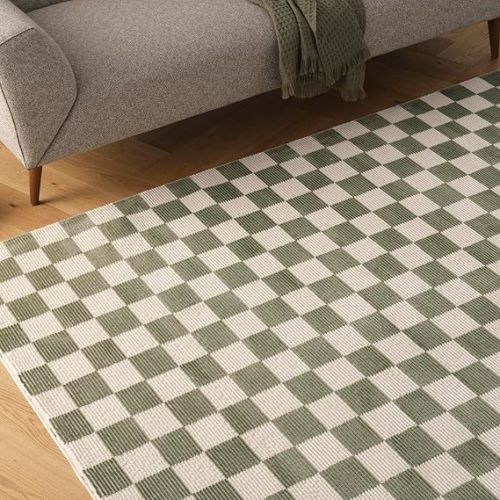 Revival Rugs Gambit 5'3"x8' Checkered Rug Washable Area Rug for Living Room Bedroom - 100% Recycled Oeko-TEX Certified, Medium Pile, Green, Beige