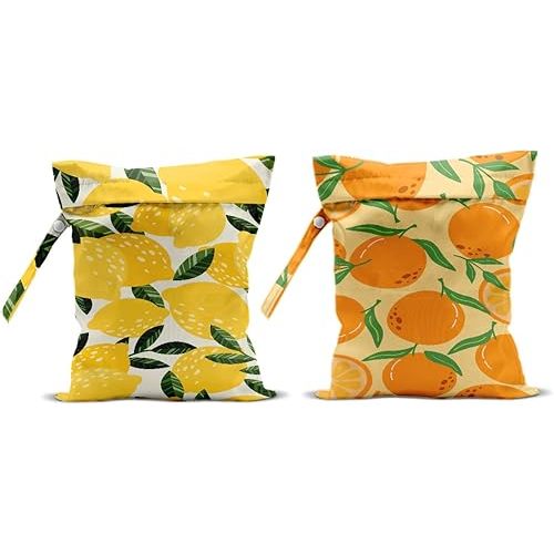 2Pcs Lemon Orange Print Wet Bags, Wet Dry Bag Reusable for Swimsuit, Travel, Diapers, Beach, Dirty Yoga Gym Clothes, Toiletries, Makeup Bag, Waterproof Birthday Christmas Gifts