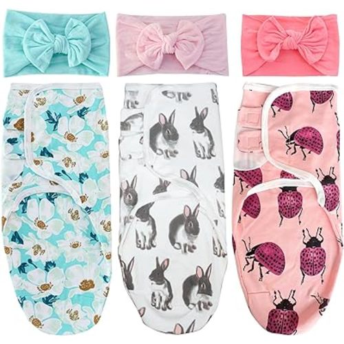 EZ Moms Soft Baby Swaddlers For Newborns Breathable Newborn Swaddle Set Girl Velcro Swaddle Newborn Comfortable Baby Swaddle Wrap Swaddles 0-3 Month 3pcs Baby Girl Swaddle With 3pcs Headbands