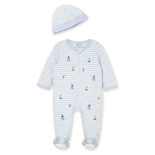 Stripe Golf Embroidered Cotton Footie & Hat Set, Newborn