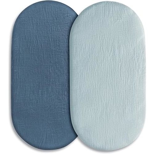 Muslin Bassinet Fitted Sheets, 2 Pack for Baby Boy and Girl, Soft Breathable Stretchy Baby Pad/Mattress Sheet Set, Universal Fit for Hourglass Oval and Rectangle Bassinet Mattress (Bright Colors)