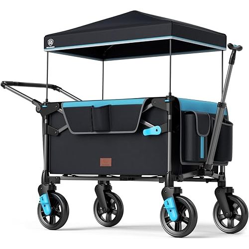 EVER ADVANCED Ultra-Compact Wagon for 2 Kids, Travel Foldable Push Pull Wagon Stroller with Removable Canopy, Adjustable Handles & Harnesses, Black Blue
