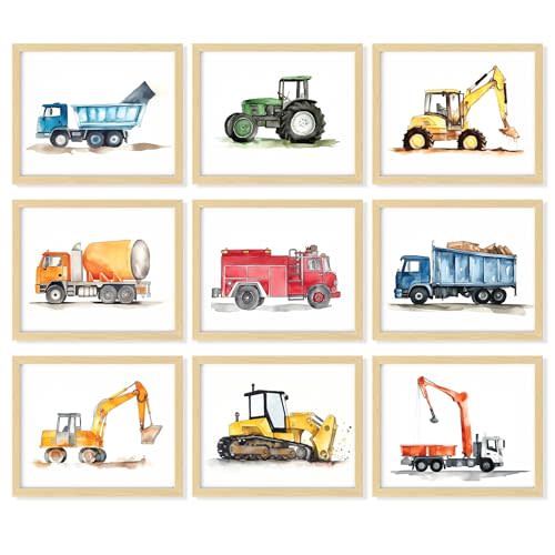 97 Decor Kids Wall Art FRAMED Posters - Construction Room Decor For Boys Bedroom, Truck Posters For Boys Room, Nursery Framed Art Prints, Tractor Pictures Little Boy Toddler Room Decorations (BEIGE FRAME)