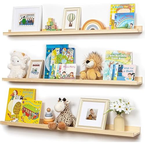 Picture Ledge Shelf for Wall, 48 inches Solid Pine Wood Nursery Book Shelves 3 Packs, Floating Ledge Shelves for Kids' Room Bedroom Bathroom Long Floating Shelves for Wall Nursey Wall Decor, Natural